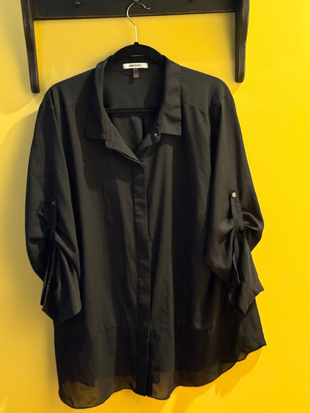 DKNY Black Sheer Roll-Tab Button Blouse